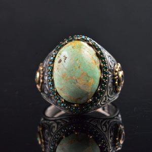 925 Ayar Gümüş Erkek Yüzük Doğal Arizona Turkuaz Taşı ve Ayrıntılı Oymalı Tasarım - Görsel 3