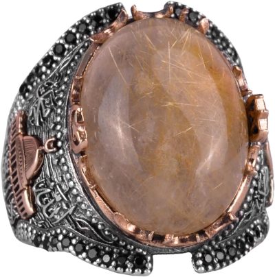 Doğal Cabochon Altın Rutilli Kuvars Taşı Camisi Yüzüğü, 925 Ayar Katı Gümüş Erkek Yüzüğü