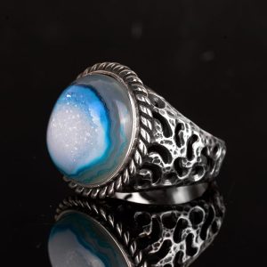 Erkekler için 925 Ayar Gümüş Yüzük ile Doğal Druzy Kuvars: Mavi, Yeşil, Kırmızı Seçenekler (Mavi) - Görsel 6