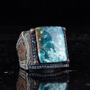 Gerçek Doğal Arizona Turkuaz Taş Yüzük - 925 Ayar Gümüş İslami Yüzük - El Yapımı Vintage Tasarım - Görsel 4