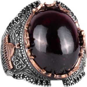 Gümüş Doğal Cabochon Granat Taşlı Yüzük, 925 Ayar Gümüş Yüzük, Farklı Yüzük - Görsel 1