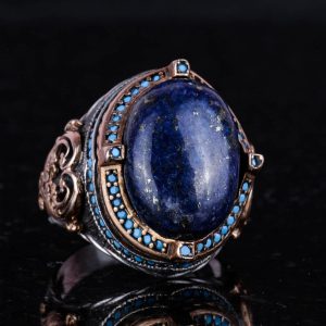 925 Ayar Gümüş Yüzük, Doğal Lapis Lazuli Taşı ile El Yapımı Erkek Yüzük, Vintage Tasarım - Görsel 4