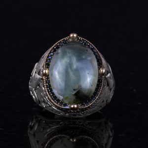 925 Ayar Gümüş El Yapımı Erkek Yüzük - Çeşitli Doğal Taşlarla Mevcut (Prehnit) - Görsel 2