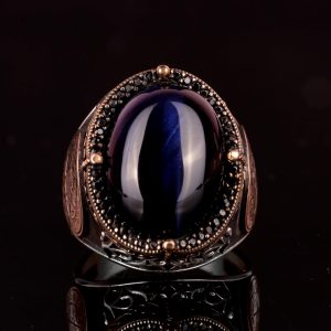 David Yıldızı Yüzüğü, Yapay Taş Yüzük, 925 Ayar Gümüş Süleyman Yüzüğü (Koyu Mavi Kedi Gözü Yapay Taş) - Görsel 4
