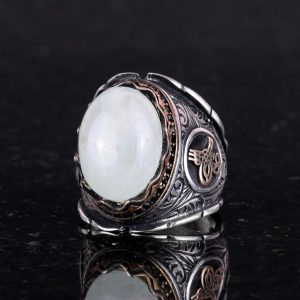Doğal Cabochon Akuamarin Taş Yüzük, Osmanlı İmparatorluğu Tuğra Gümüş Yüzük, Huzur Temalı 925K Katı Gümüş Erkek Yüzük - Görsel 6