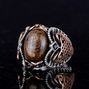 El Yapımı Gerçek Doğal Bronzit Taş Yüzük, 925 Ayar Katı Gümüş Erkek Yüzüğü - Görsel 5