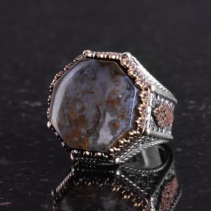 Gerçek Doğal Taş Yüzük - Sekizgen Tasarım - El Yapımı 925 Ayar Gümüş Takı (Kan Taşı) - Görsel 6