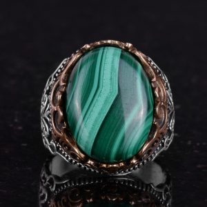 Gerçek Doğal Taş El Yapımı Yüzük - 925 Ayar Gümüş El Yapımı Yüzük - Şık Farklı Yüzük (Malakit) - Görsel 4