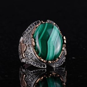 Doğal Malakit Taşlı Yüzük, 925K Saf Gümüş Erkek Yüzüğü - Görsel 4