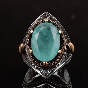 El Yapımı Vintage Erkek Yüzüğü - 925 Ayar Gümüş ile Üretilmiş Paraiba Taşı, Artisan Takı - Görsel 4