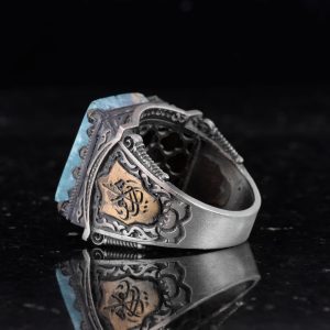 Gerçek Doğal Arizona Turkuaz Taş Yüzük - 925 Ayar Gümüş İslami Yüzük - El Yapımı Vintage Tasarım - Görsel 7