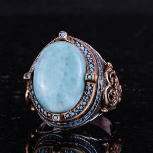 925 Ayar Gümüş Yüzük, Doğal Larimar Taşı ile El Yapımı Vintage Erkek Beyan Yüzüğü - Görsel 6