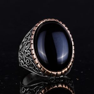 925K Katı Sterlin Gümüş Erkek Yüzük, Doğal Oniks Taşlı Yüzük - Görsel 6