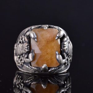 El Yapımı 925 Ayar Gümüş Yüzük, Gerçek Doğal Sarı Safir Taşı ve Akrep Tasarımı - Erkekler İçin Takı - Görsel 5