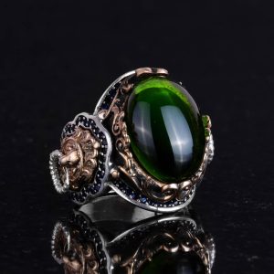 Peridot Yapay Taş Yüzük, 925 Ayar Gümüş Yüzük, Aslan Sembol Tasarımı Erkek Yüzüğü - Görsel 5
