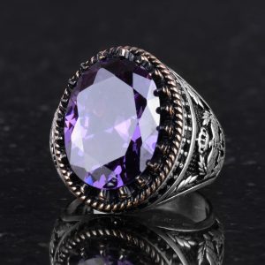 925 Ayar Gümüş Yüzük, Yapay Taş Yüzük, Kartal Sembolü Yüzük, El Yapımı Yüzük (Yapay Ametist) - Görsel 6