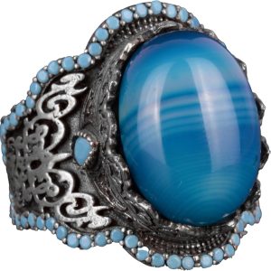 925 Ayar Gümüş Erkek Yüzük, Gerçek Doğal Mavi Akik Taşı, Sultan Yüzüğü - Görsel 1