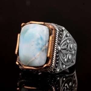 Sterling Gümüş Erkek Yüzük, Gerçek Doğal Larimar Taşı Yüzük - Görsel 5