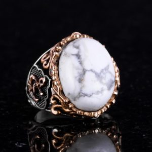 Denizci Çapa Gümüş Yüzük, Doğal Taş Yüzük, 925 Ayar Sterlin Gümüş Yüzük (Howlite) - Görsel 4