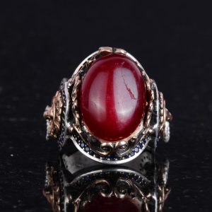 Doğal Cabochon Yakut Taşlı Yüzük, El Yapımı Aslan Başlı Erkek Yüzüğü - 925 Ayar Katı Gümüş Yüzük - Görsel 4