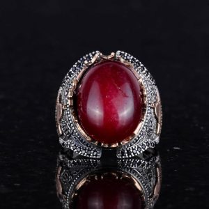 Gerçek Doğal Yakut Taşlı Gümüş Erkek Yüzük, 925 Ayar Sert Gümüş Yüzük - Görsel 4