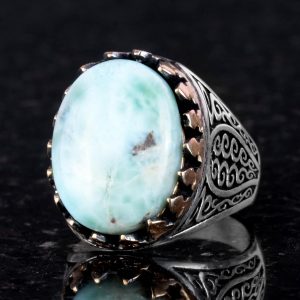 925 Ayar Katı Gümüş Erkek Yüzük - Doğal Larimar Taşı ile El Yapımı Zarafet - Görsel 4
