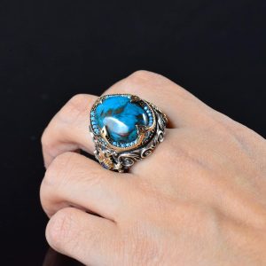 Erkek Yüzük, Gerçek Doğal Azurit Taş Yüzük, 925 Ayar Gümüş Yüzük Erkekler İçin, Yığma Yüzük Mavi - Görsel 6