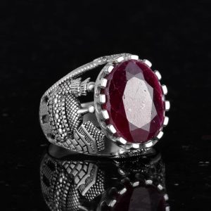 Gerçek Doğal Yakut Taşlı Yüzük, Camii Gümüş Erkek Yüzüğü, 925 Ayar Sterlin Gümüş Yüzük - Görsel 3