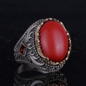 Yapay Taş Yüzük - El Yapımı Erkek Yüzüğü - Şık 925 Ayar Gümüş Erkek Takısı (Yapay Mercan) - Görsel 5