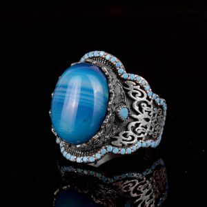 925 Ayar Gümüş Erkek Yüzük, Gerçek Doğal Mavi Akik Taşı, Sultan Yüzüğü - Görsel 5