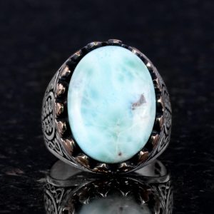 925 Ayar Katı Gümüş Erkek Yüzük - Doğal Larimar Taşı ile El Yapımı Zarafet - Görsel 2