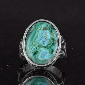 Gerçek Doğal Krysokolla Taşı Yüzük - El Yapımı 925 Ayar Gümüş Yüzük - Bilgelik, Koruma ve Ruhsallığın Sembolü (Krysokolla) - Görsel 4