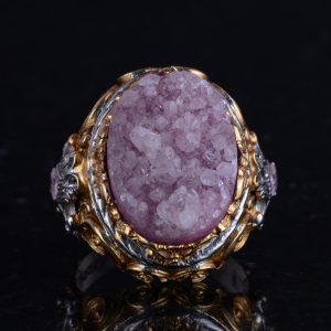 Gerçek Doğal Taş Yüzük - Erkekler için Sultan Yüzüğü - Altın Kaplama 925 Ayar Gümüş Yüzük - El Yapımı Yüzük (Drusy Kuvars) - Görsel 4