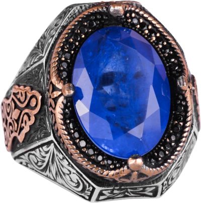 Navy Mavi Paraiba Yapay Taş Yüzük, 925 Ayar Gümüş Yüzük, Şık El Yapımı Gümüş Erkek Yüzüğü - Görsel 1