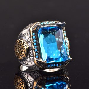 925 Ayar Gümüş Erkek Yüzük, Yapay Akuamarin Taşı ve Karmaşık Oymalı Tasarım ile - Görsel 7