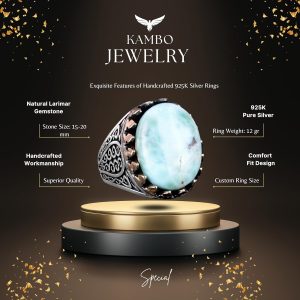 925 Ayar Katı Gümüş Erkek Yüzük - Doğal Larimar Taşı ile El Yapımı Zarafet - Görsel 6