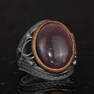Gerçek Doğal Opal Taşlı Yüzük - 925 Ayar Gümüş Erkek Yüzüğü - İki Kılıç Desenli El Yapımı Yüzük - Görsel 5