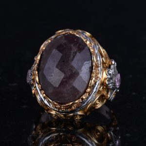 Gerçek Doğal Taş Yüzük - Erkekler için Sultan Yüzüğü - Altın Kaplama 925 Ayar Gümüş Yüzük - El Yapımı Yüzük (Kırmızı safir) - Görsel 6