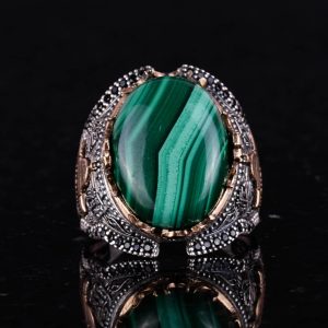 Doğal Malakit Taşlı Yüzük, 925K Saf Gümüş Erkek Yüzüğü - Görsel 3