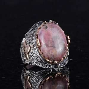 Gümüş Camii Yüzük, Rhodonit Doğal Taş Yüzük, 925 Ayar Gümüş Erkek Yüzük - Görsel 3