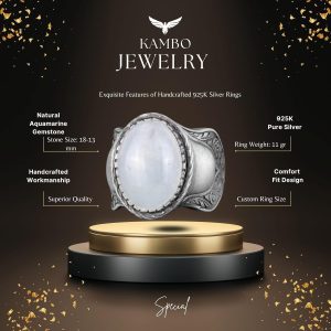 Erkekler İçin Doğal Taş Yüzük, 925 Ayar Gümüş Yüzük, Cabochon Akuamarin Yüzük - Görsel 5