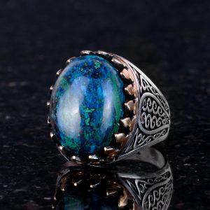 925 Ayar Katı Gümüş Erkek Yüzük Doğal Taşlarla - El Yapımı Zarafet (Azurit Taşı) - Görsel 3