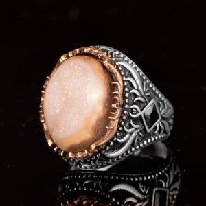 Vintage Erkek 925 Ayar Gümüş Yüzük Druzy Kuvars: Yeşil, Kırmızı, Lacivert, Bej, Siyah (Bej) - Görsel 4