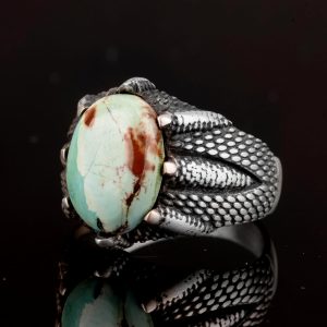 925 Ayar Gümüş Erkek Yüzük, Doğal Arizona Turkuaz Taşlı Yüzük, Pençe Yüzük - Görsel 5