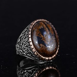 El Yapımı Gerçek Doğal Bronzit Taş Yüzük, 925K Katı Gümüş Erkek Yüzüğü, Tasarım Gümüş Erkek Yüzüğü - Görsel 5