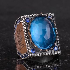 925 Ayar Gümüş İslami Yüzük, Yapay Taş Yüzük, El Yapımı Hat Yazılı Yüzük (Yapay Mavi Topaz) - Görsel 5