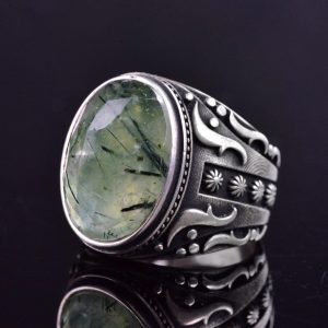 925 Ayar Gümüş Erkek Yüzük Doğal Prehnit Taşı ve Ayrıntılı Oymalı Tasarım ile - Görsel 5