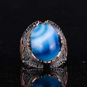 Mavi Akik Taşlı Yüzük, Camii Yüzüğü, 925 Ayar Gümüş Yüzük - Görsel 5