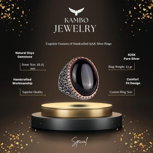 925K Katı Sterlin Gümüş Erkek Yüzük, Doğal Oniks Taşlı Yüzük - Görsel 2