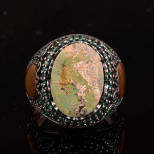 Gerçek Doğal Arizona Turkuaz Taş Yüzük, Minimalist Yüzük, 925 Ayar Gümüş Erkek Yüzük (Stil-2) - Görsel 3